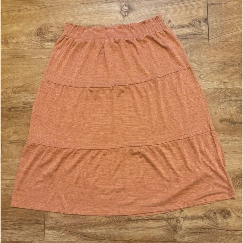 89th + Madison Tiered Midi Skirt Smocked Waist  Rust Orange  size L Boho Casual